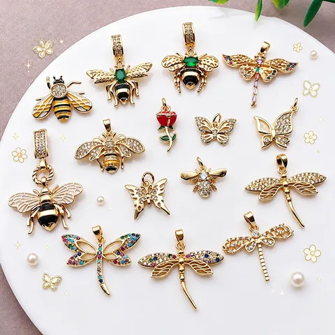 18K Gold Plated Copper Zirconia Butterfly Bee Dragonfly Charms For DIY Jewelry Making Pendants Accessories Women Gift