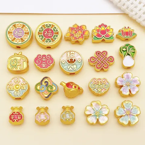 Vintage Chinese Style Zinc Alloy Enamel Spacer Beads Antique Gold Blessing Fortune Lotus Loose Beads For Handmade DIY Jewelry Craft Making