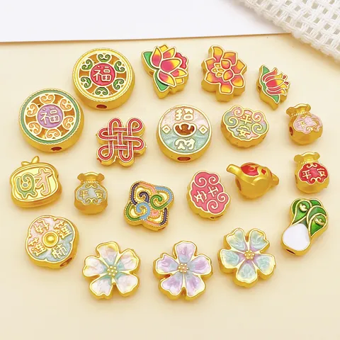 Vintage Chinese Style Zinc Alloy Enamel Spacer Beads Antique Gold Blessing Fortune Lotus Loose Beads For Handmade DIY Jewelry Craft Making