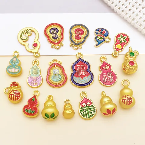 Vintage Chinese Style Zinc Alloy Enamel Gourd Pendants Matte Gold Fu Character Lucky Charms For DIY Earrings Necklace Jewelry Making