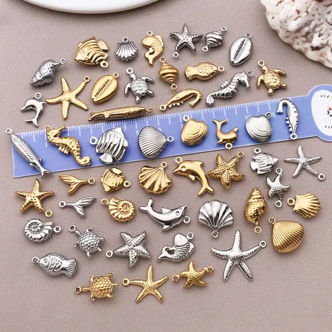 Stainless Steel Marine Life Ocean Theme Hollow Charms Vacuum Electroplated Sea Turtle Starfish Conch Shell Animal Pendants For DIY Jewelry Making Crafts Accessory