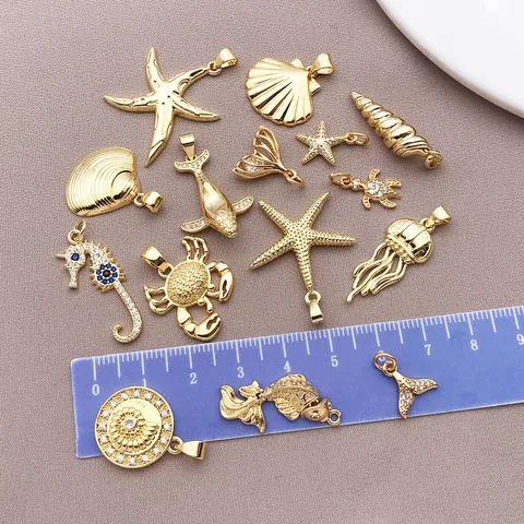 18K Gold Plated Zirconia Ocean Charms Starfish Seahorse Whale Tail Turtle Pendants For DIY Jewelry Making Necklaces Earrings Accessories