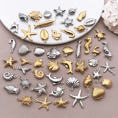Stainless Steel Marine Life Ocean Theme Hollow Charms Vacuum Electroplated Sea Turtle Starfish Conch Shell Animal Pendants For DIY Jewelry Making Crafts Accessory
