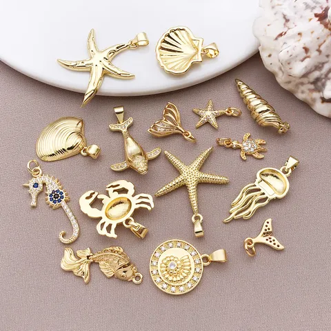 18K Gold Plated Zirconia Ocean Charms Starfish Seahorse Whale Tail Turtle Pendants For DIY Jewelry Making Necklaces Earrings Accessories
