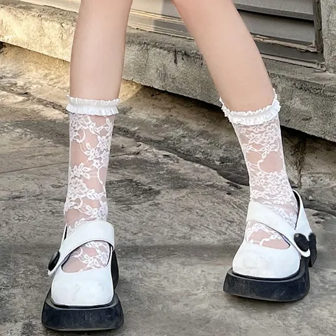 Women Lolita Lace Trim Mid Calf Socks Sweet Cute JK Uniform White Black Blue Green Casual Hosiery Stockings
