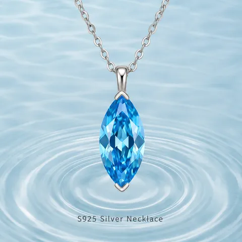Marquise Sea Blue Zirconia Pendant Necklace 925 Sterling Silver Minimalist Choker Chain For Women Jewelry