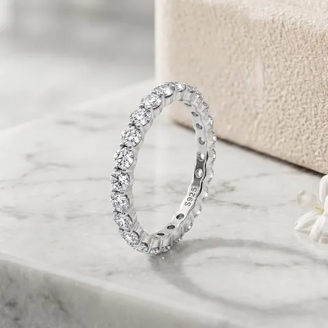 Minimalist 925 Sterling Silver Moissanite Eternity Band Ring For Women Platinum Plated Stackable Round Pave Sparkly Hand Jewelry Gift