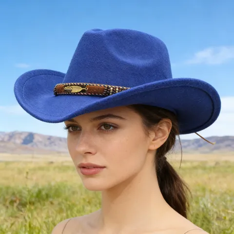 Western Cowboy Women Men Felt Hat Woolen Fedora Hat With Metal Feather Ethnic Style Winter Warm Vintage Jazz Cap