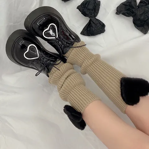 Winter Knitted Wool Leg Warmers Cute Handmade Mid Tube Fluffy Heart Decor Boot Cuffs Fashion Socks For Women