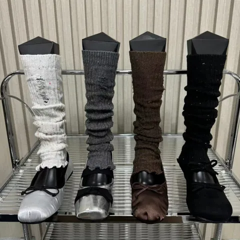 Style Preppy Femmes Jambières Rayées Verticalement Fil Moucheté Distressed Knit Boot Cuffs Couleur Unie Casual Tube Socks