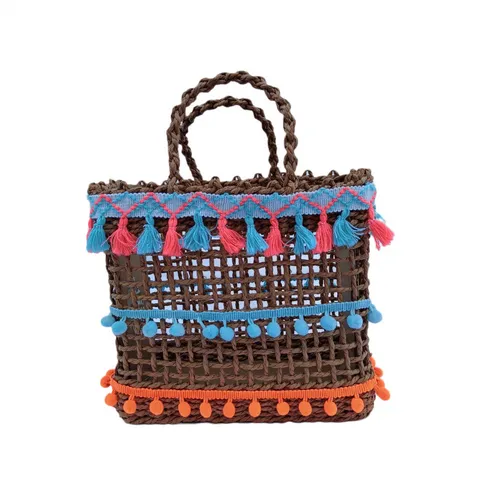Bolso de Hombro Tejido de Playa de Verano Bohemio Mujeres Bolso de Paja de Papel Calado Borla Viaje Vacaciones Tote