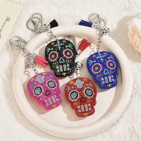 Rhinestone Skull Keychain With Tassel Suede Fabric Bag Pendant Halloween Hip Hop Creative Gift For Women Men Bag Accessory