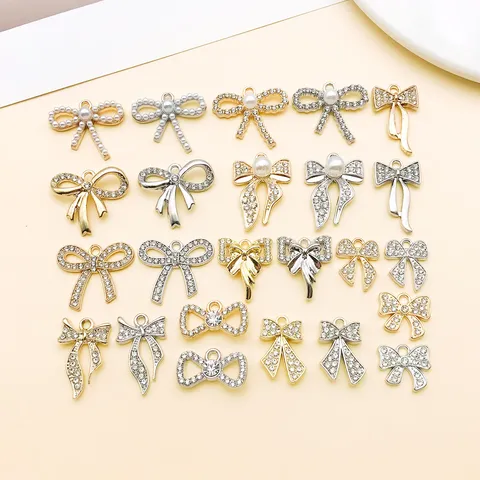 Zinc Alloy Bowknot Charms With Rhinestone Artificial Pearl Lightweight Hollow Out Bow Pendants For DIY Jewelry Bracelet Necklace Making Accessories