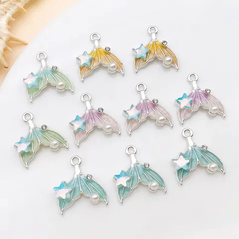 Ocean Mermaid Tail Alloy Charms Gradient Drip Oil Pendants With Artificial Pearl Rhinestone DIY Jewelry Accessories