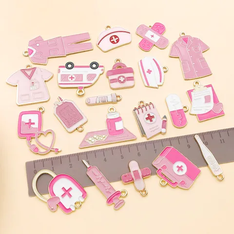 Rosa Medizinische Serie Legierung Emaille Anhänger Für DIY Halskette Armband Krankenwagen Stethoskop Krankenschwester Hut Anhänger Bastelbedarf