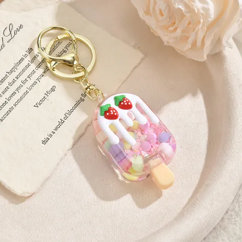 Cute Cartoon Strawberry Ice Cream Quicksand Keychain For Bag Charm Pendant Creative Birthday Present Key Ring Accessory