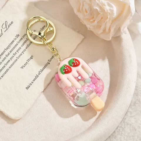 Cute Cartoon Strawberry Ice Cream Quicksand Keychain For Bag Charm Pendant Creative Birthday Present Key Ring Accessory