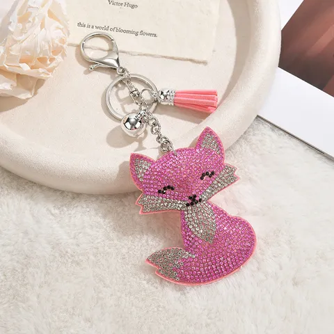 Cute Alloy Rhinestone Fox Keychain With Fabric Tassel Fashion Sparkly Animal Bag Charm Pendant Car Key Ring For Women