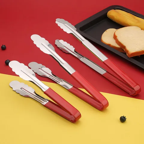 Pinze per Alimenti in Acciaio Inossidabile Cucina Cottura Barbecue Clip per Pane Manico Rosso Ispessito Antiscottatura Utensile