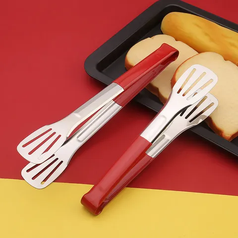 Pinze per Alimenti in Acciaio Inossidabile Cucina Cottura Barbecue Clip per Pane Manico Rosso Ispessito Antiscottatura Utensile