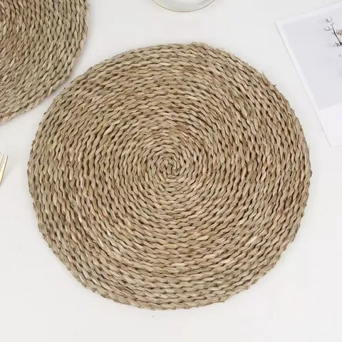 Natural Seagrass Woven Round Placemat Thickened Heat Resistant Braided Table Mat Non-Slip Coaster For Dining Home Kitchen Decoration