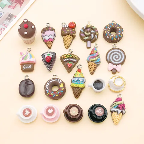 Lindos Dijes de Comida de Resina Taza de Café Miniatura Pastel Dona Colgantes Dije de Bucle de Aleación Para Bricolaje Collar Pulsera Fabricación de Joyas Artesanales