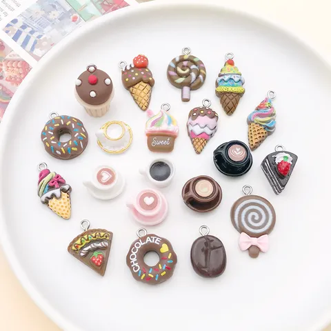 Lindos Dijes de Comida de Resina Taza de Café Miniatura Pastel Dona Colgantes Dije de Bucle de Aleación Para Bricolaje Collar Pulsera Fabricación de Joyas Artesanales