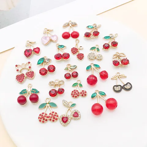 Alloy Fruit Cherry Charms With Rhinestone Enamel Pendants For DIY Necklace Earrings Jewelry Making Accessories For Women