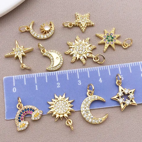 18K Verguld Koper Zirconia Hemelse Charms Voor DIY Armband Ketting Maken Maan Zon Ster Regenboog Alleen Hanger