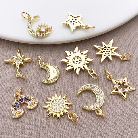 18K Verguld Koper Zirconia Hemelse Charms Voor DIY Armband Ketting Maken Maan Zon Ster Regenboog Alleen Hanger