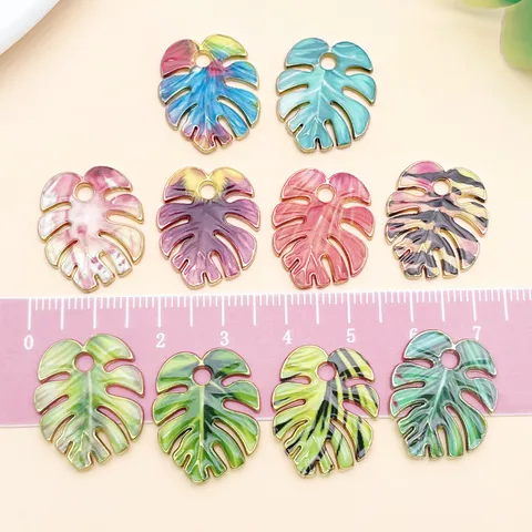 Vintage Zinc Alloy Enamel Monstera Leaf Charms Botanical Printed Tropical Plant Tree Leaves Pendants For DIY Earrings Keychain Jewelry Making Crafts Accs