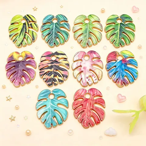 Vintage Zinc Alloy Enamel Monstera Leaf Charms Botanical Printed Tropical Plant Tree Leaves Pendants For DIY Earrings Keychain Jewelry Making Crafts Accs