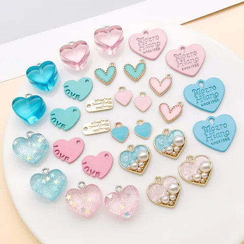 DIY Heart Pendant Charms For Valentine Jewelry Making Zinc Alloy Resin Acrylic Artificial Pearl Rhinestone Heart Pendant For Necklace Bracelet Keychain