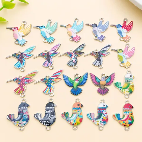Vintage Zinc Alloy Hummingbird Dove Bird Pendants Colorful Enamel Print Dual Loop White K Plated Charms For DIY Jewelry Making Crafts