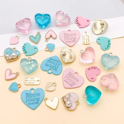 DIY Heart Pendant Charms For Valentine Jewelry Making Zinc Alloy Resin Acrylic Artificial Pearl Rhinestone Heart Pendant For Necklace Bracelet Keychain