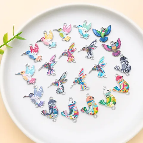 Vintage Zinc Alloy Hummingbird Dove Bird Pendants Colorful Enamel Print Dual Loop White K Plated Charms For DIY Jewelry Making Crafts