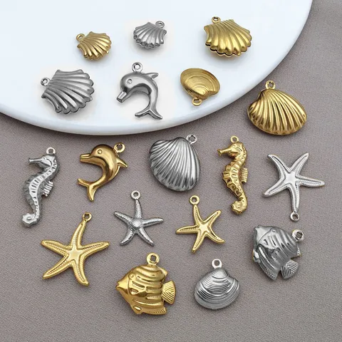 Dijes de Acero Inoxidable Vida Marina Estrella de Mar Vieira Delfín Caballito de Mar Pez Tropical Colgantes Para Accesorios de Joyería DIY