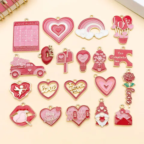Valentine's Day Heart Enamel Zinc Alloy Charms Rose Cupid Pendants For DIY Jewelry Making Accessories Gift