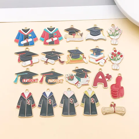 Graduation Season Zinc Alloy Enamel Charms Bachelor Doctoral Cap Gown Diploma Flower Pendants For DIY Jewelry Making Accessories