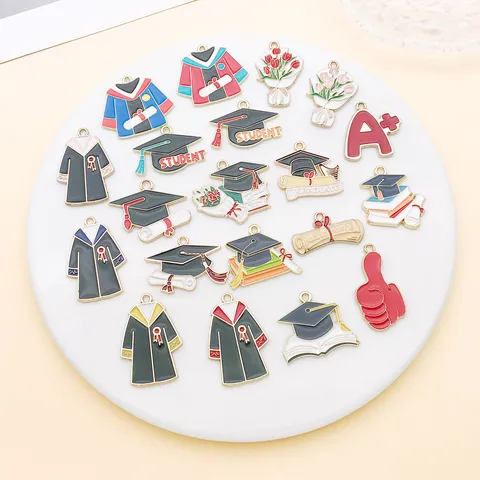 Graduation Season Zinc Alloy Enamel Charms Bachelor Doctoral Cap Gown Diploma Flower Pendants For DIY Jewelry Making Accessories