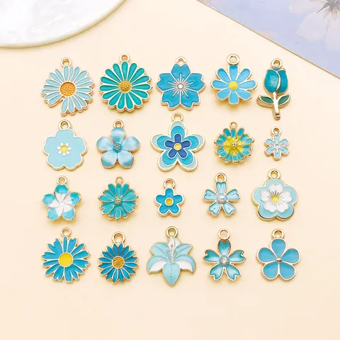 Vintage Zinc Alloy Enamel Flower Charms Lake Blue Botanical Daisy Tulip Pendant for DIY Keychain Bracelet Jewelry Making Craft