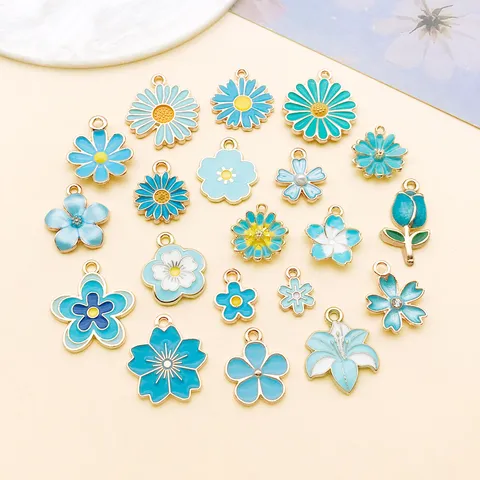 Vintage Zinc Alloy Enamel Flower Charms Lake Blue Botanical Daisy Tulip Pendant for DIY Keychain Bracelet Jewelry Making Craft