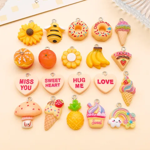 Simulatie Hars Voedsel Fruit Charms Set DIY Sieraden Maken Accessoires Oranje Geel Fruit Bloem Hart Honingbij Hangers Knutselbenodigdheden