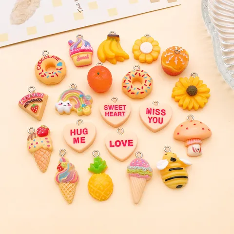 Simulatie Hars Voedsel Fruit Charms Set DIY Sieraden Maken Accessoires Oranje Geel Fruit Bloem Hart Honingbij Hangers Knutselbenodigdheden
