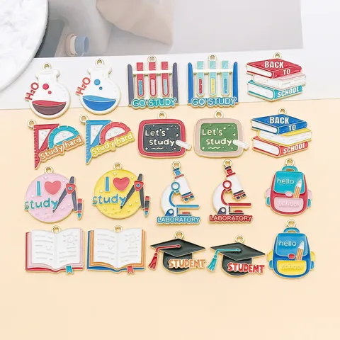 20pcs Alloy Enamel Graduation Season School Supplies Charms Set Blackboard Microscope Book Pendants For DIY Jewelry Making Accessories