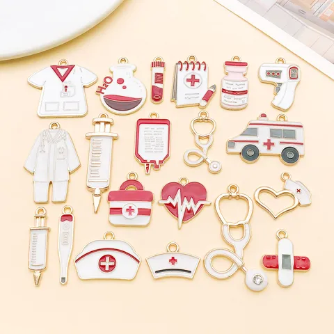 White Medical Series Stethoscope Ambulance Enamel Charms Zinc Alloy Rhinestone Pendants For DIY Jewelry Making Crafts