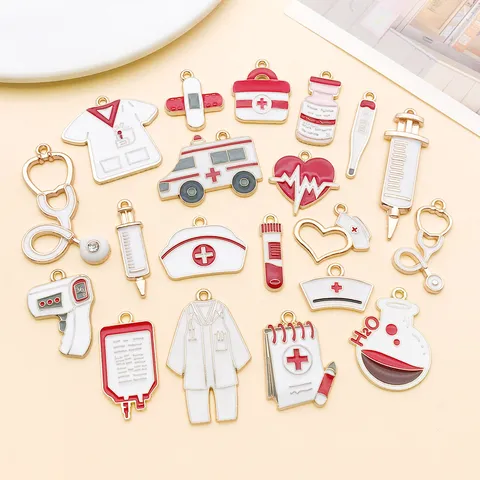 White Medical Series Stethoscope Ambulance Enamel Charms Zinc Alloy Rhinestone Pendants For DIY Jewelry Making Crafts