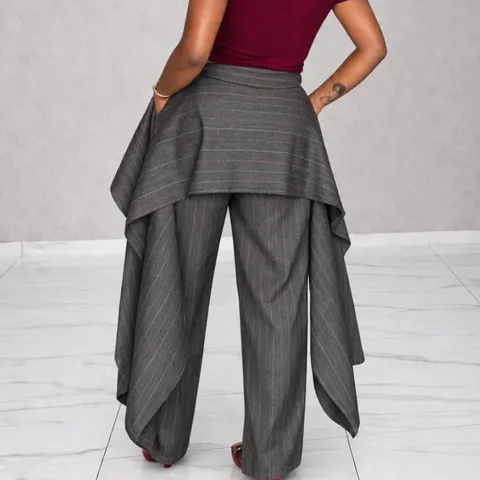 Pantaloni da Donna Taglie Forti Asimmetrici a Righe Gamba Larga Vita Alta con Volant Piegghettati Casual Larghi Eleganti