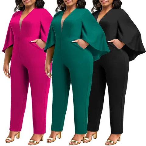 Plus Size Women V Neck Batwing Sleeve Jumpsuit Sexy Cape Style Knitted One Piece Long Pant Romper For Office Daily Wear