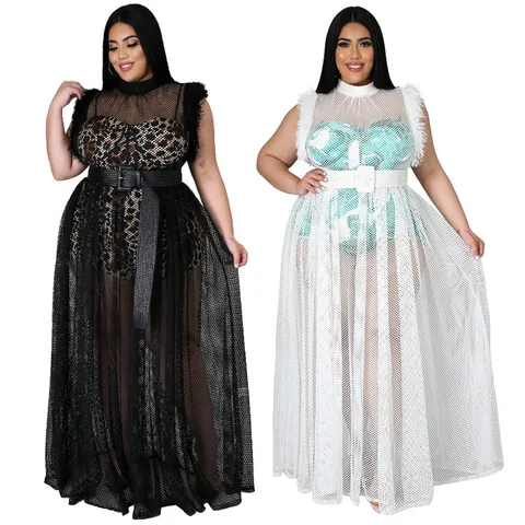 Plus Size Women Sexy Sheer Mesh Maxi Dress Two Piece Set Printed Bodysuit With Belt Elegant Evening Party Clubwear Outfit